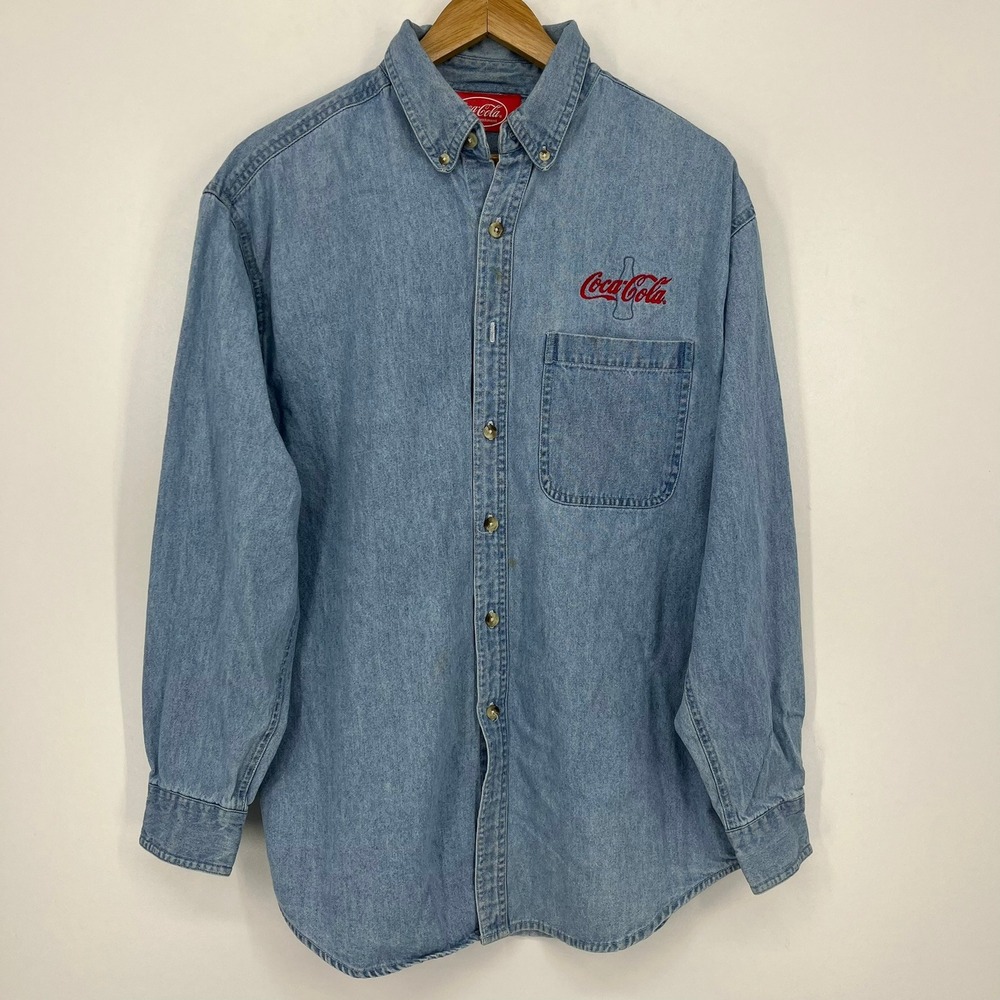 Vintage Coca-Cola Mens Light Wash Denim Embroidered Button Down Shirt